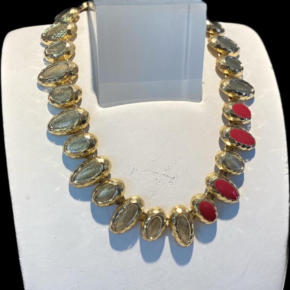 Fashionable Two Toned Gold & Silver w/ Red Accents Chunky Necklace